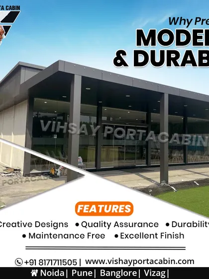This graphic highlights the key benefits of my prefab buildings. They feature creative designs, are built with quality assurance for durability, and require minimal maintenance, offering an excellent finish every time.