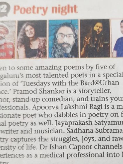 A "Poetry night" feature in the Bangalore Mirror, highlighting five of Bengaluru's talented poets who performed at a special edition of 'Tuesdays with the Bard'.