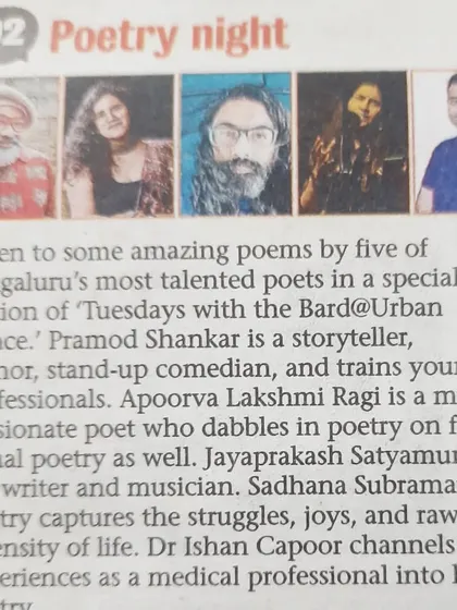 A "Poetry night" feature in the Bangalore Mirror, highlighting five of Bengaluru's talented poets who performed at a special edition of 'Tuesdays with the Bard'.