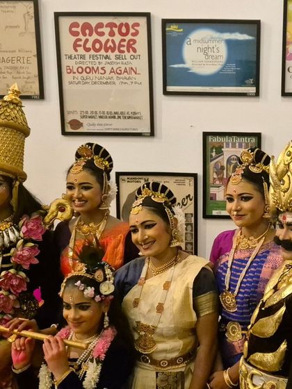 A candid moment with some of our lead performers from "KRISHNA" backstage. The elaborate costumes and makeup showcase the incredible transformation our artists undergo for a show.