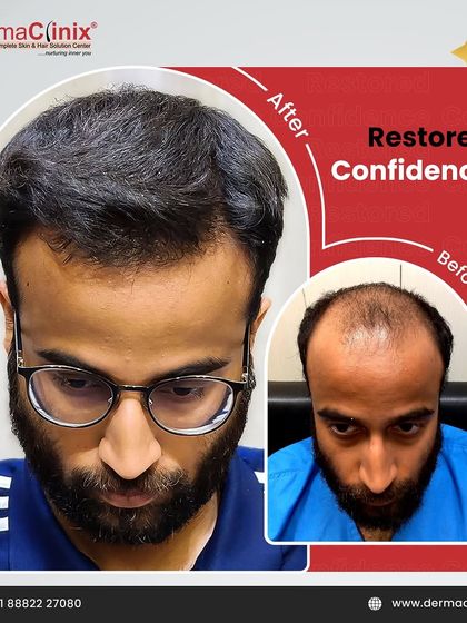 This before and after image shows a six month result of a B.E.S.T. VIP hair transplant. The procedure restored this patient's confidence by providing a dense, natural looking hairline.