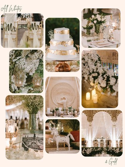 A mood board collage showcasing the "All Whites & Gold" theme for a reception. It highlights key elements like the multi-tiered cake with gold leaf, Mr. & Mrs. chair signs, and elegant table settings that came together to create a cohesive and luxurious event.
