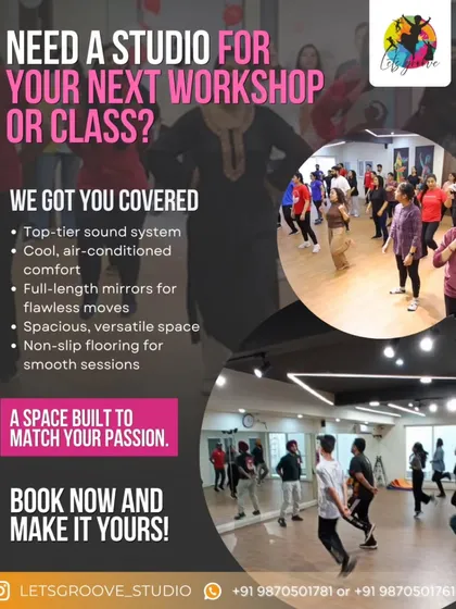 Need a space for your next class, workshop, or content shoot? We've got you covered. Our fully-equipped, air-conditioned studio in Gurgaon has a top-tier sound system, full-length mirrors, and non-slip flooring, all ready for you to book.