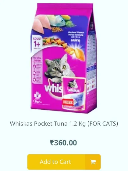 I also have a complete range of supplies for cat owners. This Whiskas dry food with tuna is a favorite for adult cats, providing a balanced diet to keep them healthy and active. Just add it to your cart for easy home delivery.