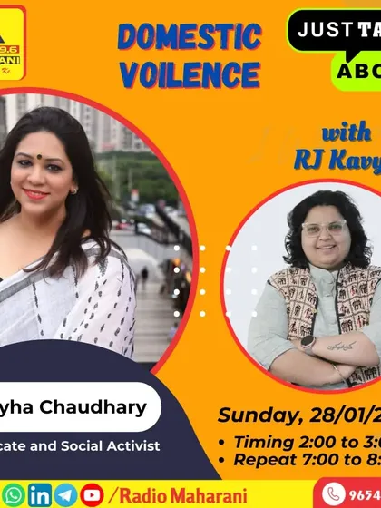 The promotional poster for my talk on domestic violence with RJ Kavya on Radio Maharani. The show's theme, "Just Talk About It," encourages breaking the silence around this critical issue.