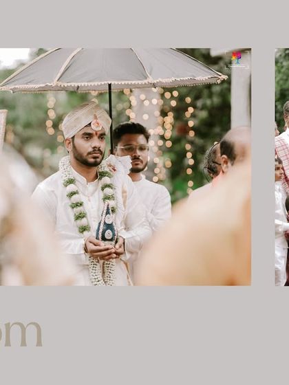 A collage of the groom during the Kashi Yatra ritual. These shots capture the traditional and significant moments of a South Indian wedding ceremony.