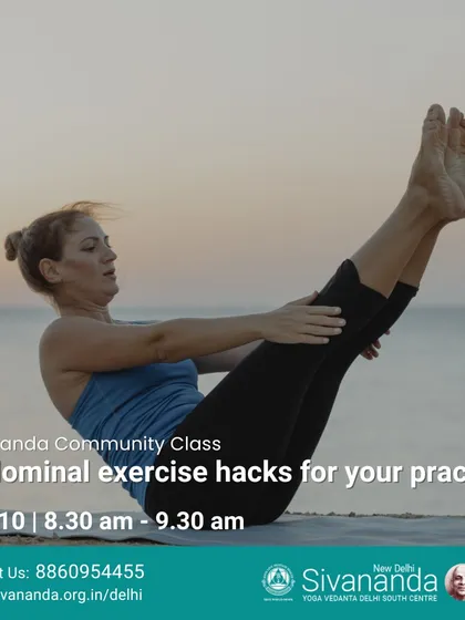 A community class on abdominal exercise hacks. We teach effective yogic methods for strengthening the core, such as Navasana (Boat Pose), shown here.