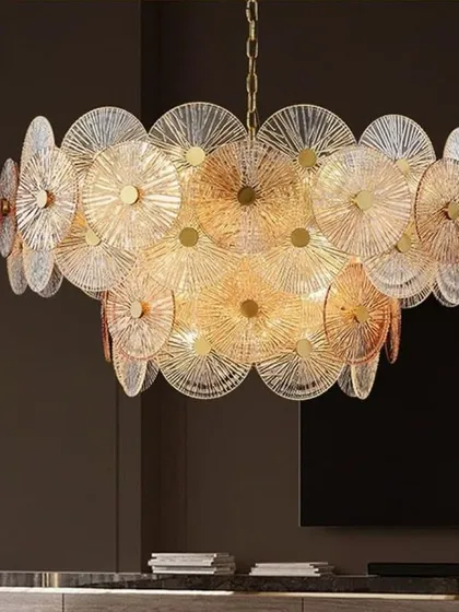 This creative LED glass chandelier is composed of many textured glass discs. The layered arrangement creates a beautiful, diffused light, making it a stunning centerpiece for a living or dining room.