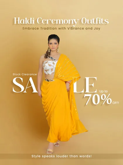 Get ready for the Haldi celebrations with this vibrant yellow draped saree. It comes with a stylishly embroidered one-shoulder blouse that is both modern and traditional. This outfit is designed to be lightweight and comfortable, so you can enjoy the festivities to the fullest.
