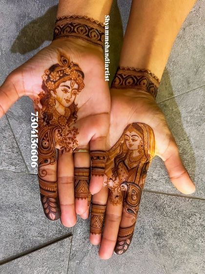 A close-up shot of the Radha-Krishna portraits, emphasizing the fine lines and shading details.