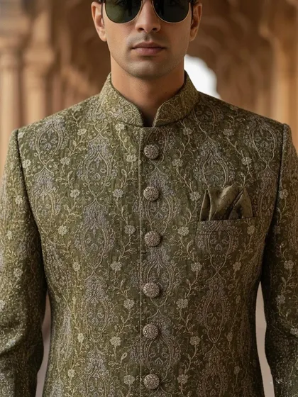 A close-up on the chest of the olive green sherwani, highlighting the beautiful threadwork and button details. This is the quality you can expect from my rental collection.