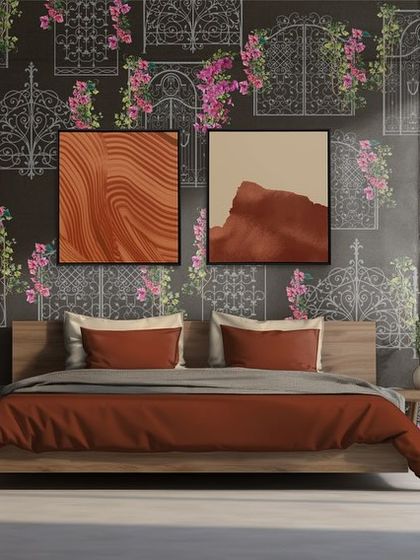 The bougainvillea wallpaper used as a feature wall in a bedroom, adding a touch of romance and charm.