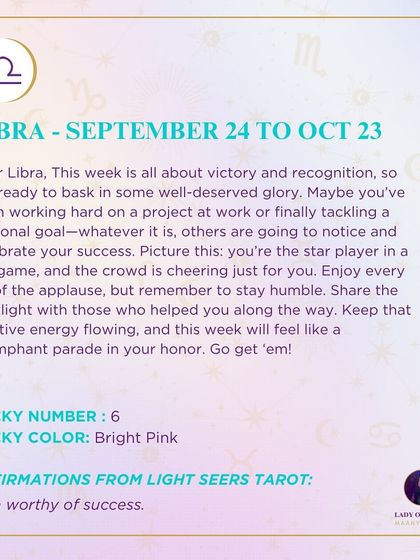 A triumphant weekly forecast for Libra, signaling victory and recognition. This reading encourages you to enjoy the spotlight while staying humble and sharing your success.