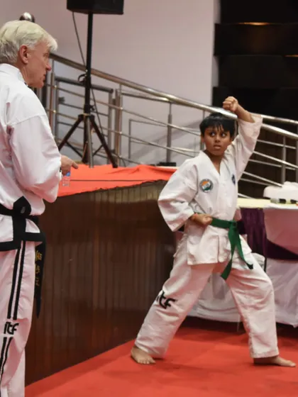 A student performs a pattern under the watchful eye of a Grandmaster during a technical seminar.