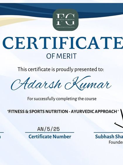 My approach is backed by knowledge. This certificate in 'Fitness & Sports Nutrition - Ayurvedic Approach' allows me to create unique, personalized diet plans that merge the best of modern science with timeless wellness principles for holistic health.