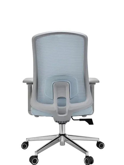 The back view of the light blue mesh chair.