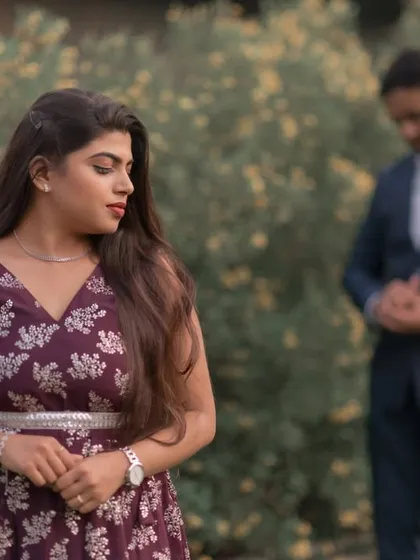 An artistic, candid-style shot with the bride in focus and the groom blurred in the background. This composition creates a sense of depth and story, focusing on her pensive expression.