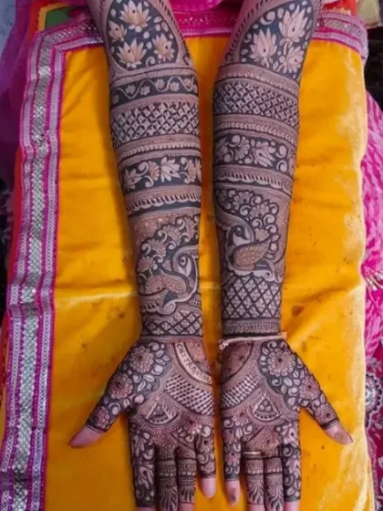 A full-coverage design with dense traditional patterns, including peacocks, lotuses, and intricate filler work.