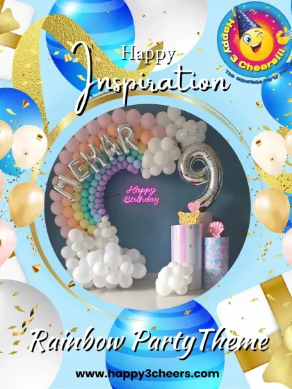 This graphic showcases the pastel rainbow theme, framing the beautiful balloon arch and highlighting it as an inspirational idea for a 9th birthday party.