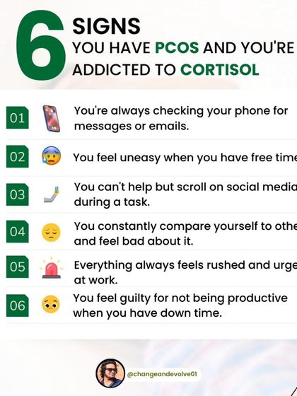 Are you addicted to cortisol? This graphic lists six signs, such as always checking your phone and feeling guilty for not being productive, that indicate your stress hormone might be in overdrive.