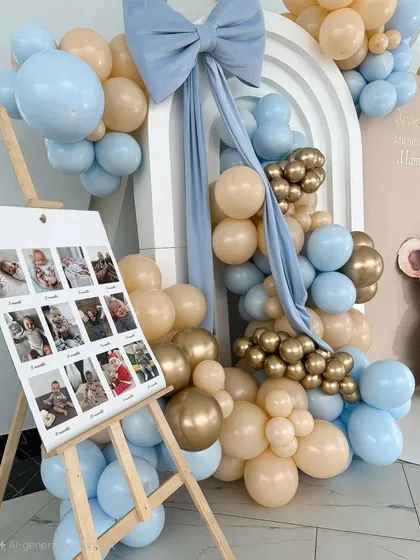 A personalized detail for a first birthday: a milestone board showcasing the baby's photos from each month of their first year, set on an easel next to the balloon decor.