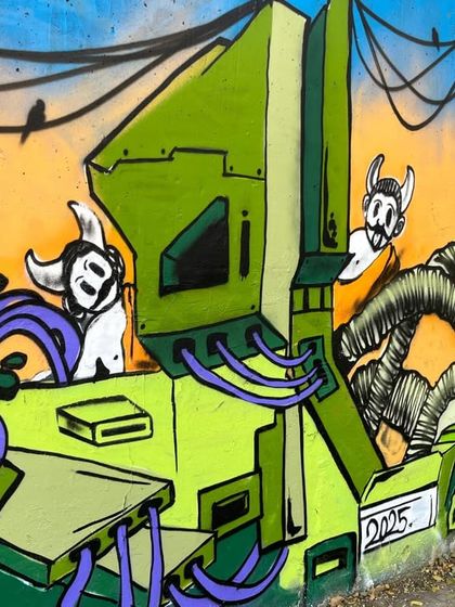 Another detail from the Stylebound wall, showing the intricate line work and color blending used to create the sense of a complex, functioning machine.