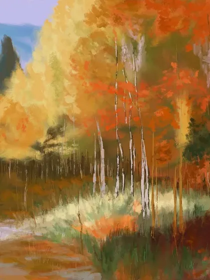 The vibrant colors of autumn in an impressionist style. This digital oil painting shows my versatility, moving from watercolor to a thicker, more textured application of color to capture the feel of the season.
