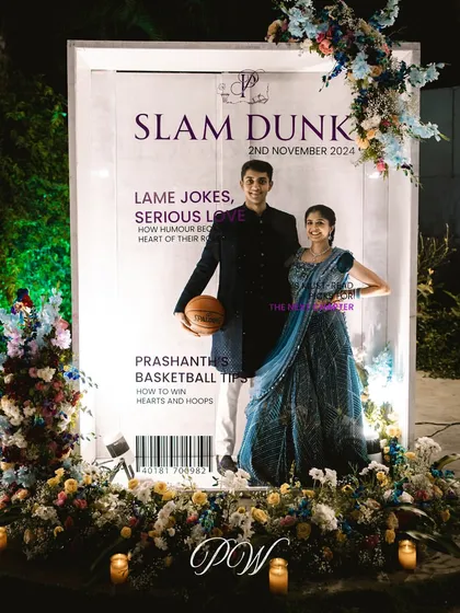 A personalized and witty magazine cover-style photo op for a Sangeet. This "Slam Dunk" theme was a fun nod to the groom's love for basketball and the couple's "serious love."
