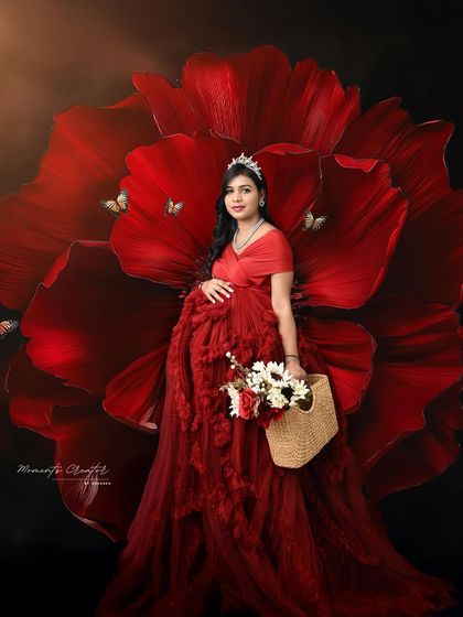 A dramatic floral portrait. The mom-to-be stands like a blooming flower herself, wearing a tiara and a stunning red gown against a giant red floral prop.