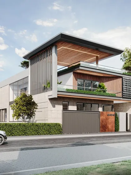 A modern villa design that combines concrete, wood, and glass. The facade features vertical louvers for sun shading and privacy, while the open terrace provides an outdoor living space with views.