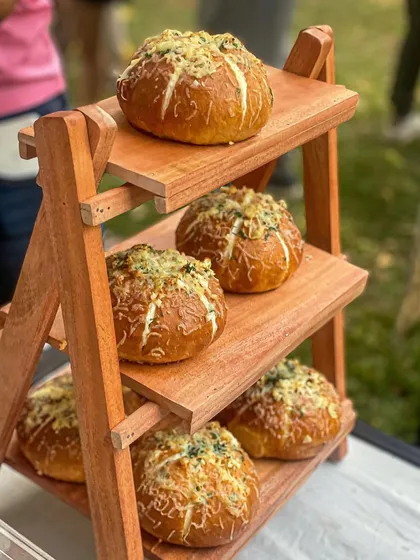 My Korean buns displayed on a tiered stand at a food market. They are always one of the first things to sell out.