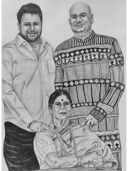 A beautiful family portrait sketch, bringing three individuals from different photos together into one cohesive piece. This A3 drawing of a mother and her two sons makes for a powerful and sentimental family gift.