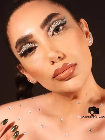 A final, stunning portrait of the rhinestone makeup look. The effect is glamorous, artistic, and unforgettable.