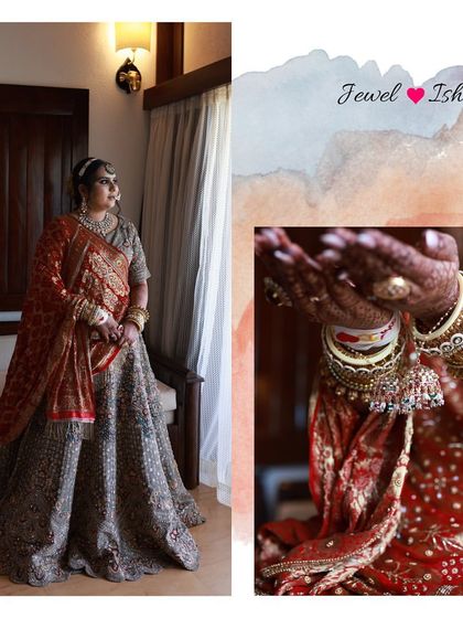 A collage showing the bride's full look and a close-up of her hands, highlighting the custom bangles and rings.