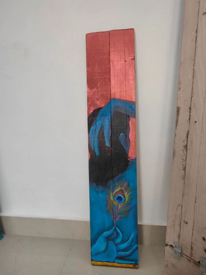 The full view of my Krishna painting, "Turn around," on a 3 foot tall plank of reclaimed wood. The vertical format adds to the feeling of contemplation and turning inward.