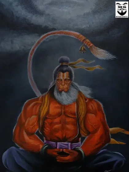 My acrylic painting of Lord Hanuman in meditation. I used a dark, atmospheric background to emphasize his powerful form and serene energy, making it a piece for devotion and inspiration.
