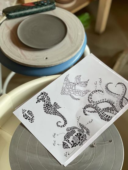The design process is as important as the making. Here are the initial sketches and design inspirations for a student's sea themed collection, a crucial step before the clay work begins.