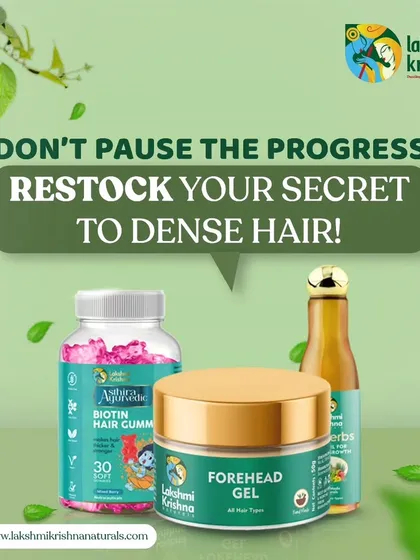 Don't pause your progress. This graphic is a reminder to restock your secret to dense hair: our Hair Growth Booster Kit. It includes our 32 Herbs Hair Oil, Forehead Gel, and Biotin Gummies to ensure you continue your journey to thicker, healthier hair.