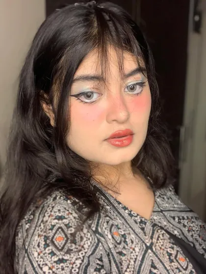 This image captures the full effect of the cute, stylized anime makeup.