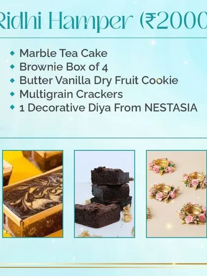 This graphic shows the contents of our 'Ridhi Hamper', which includes a Marble Tea Cake, a box of brownies, cookies, and multigrain crackers.