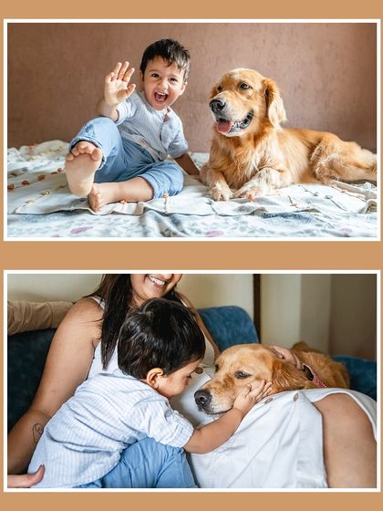 A collage of pure happiness. Krishiv waves hello while sitting with his best furry friend, and in another frame, he showers the patient pup with affection. These images showcase the fun and love in a household with kids and dogs.
