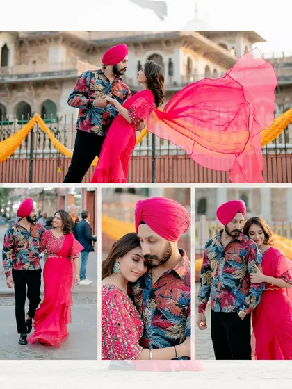 A vibrant and energetic shoot for Gurpreet and Ashpreet in front of Albert Hall Museum, with the bride's pink dress adding a beautiful splash of color.