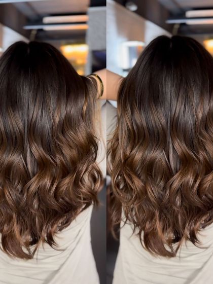 A beautiful example of a rich brown color with soft waves, showing the hair from multiple angles.