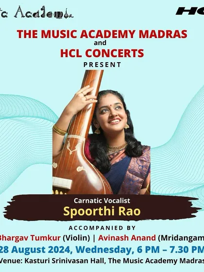 An announcement for my concert presented by The Music Academy Madras and HCL Concerts, a great honor to perform in their monthly series.