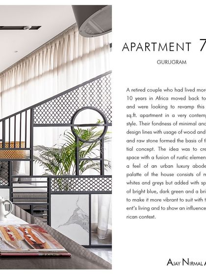 A summary of the design concept for Apartment 704, explaining the fusion of rustic elements with sleek design lines to create an urban luxury abode. The color palette was chosen to make the space more vibrant.