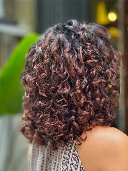 A collection of my other no-bleach balayage and color work, showcasing a variety of tones from subtle browns to vibrant reds on different curl types.