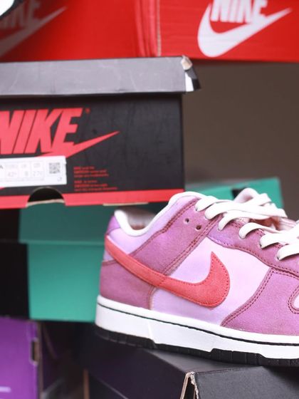 A close-up of the "Velvet Plum" custom. The suede dye gives it a deep, saturated color that's permanent.