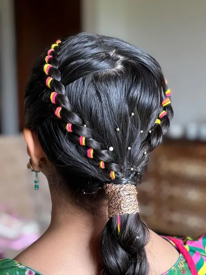 A close-up of the colorful threaded braid. The bright pink and yellow threads woven into the hair create a fun and festive look, perfect for a young girl or a playful Mehendi event.