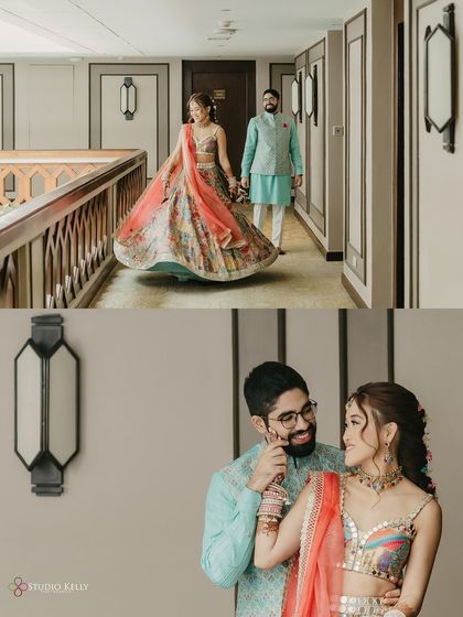 A collage of the couple in the hotel hallway, capturing both a playful twirl and a fun, intimate moment.