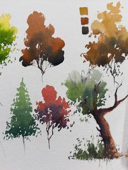 A study sheet from my watercolor tree class. Here I explore different types of trees, foliage techniques, and color palettes for various seasons.